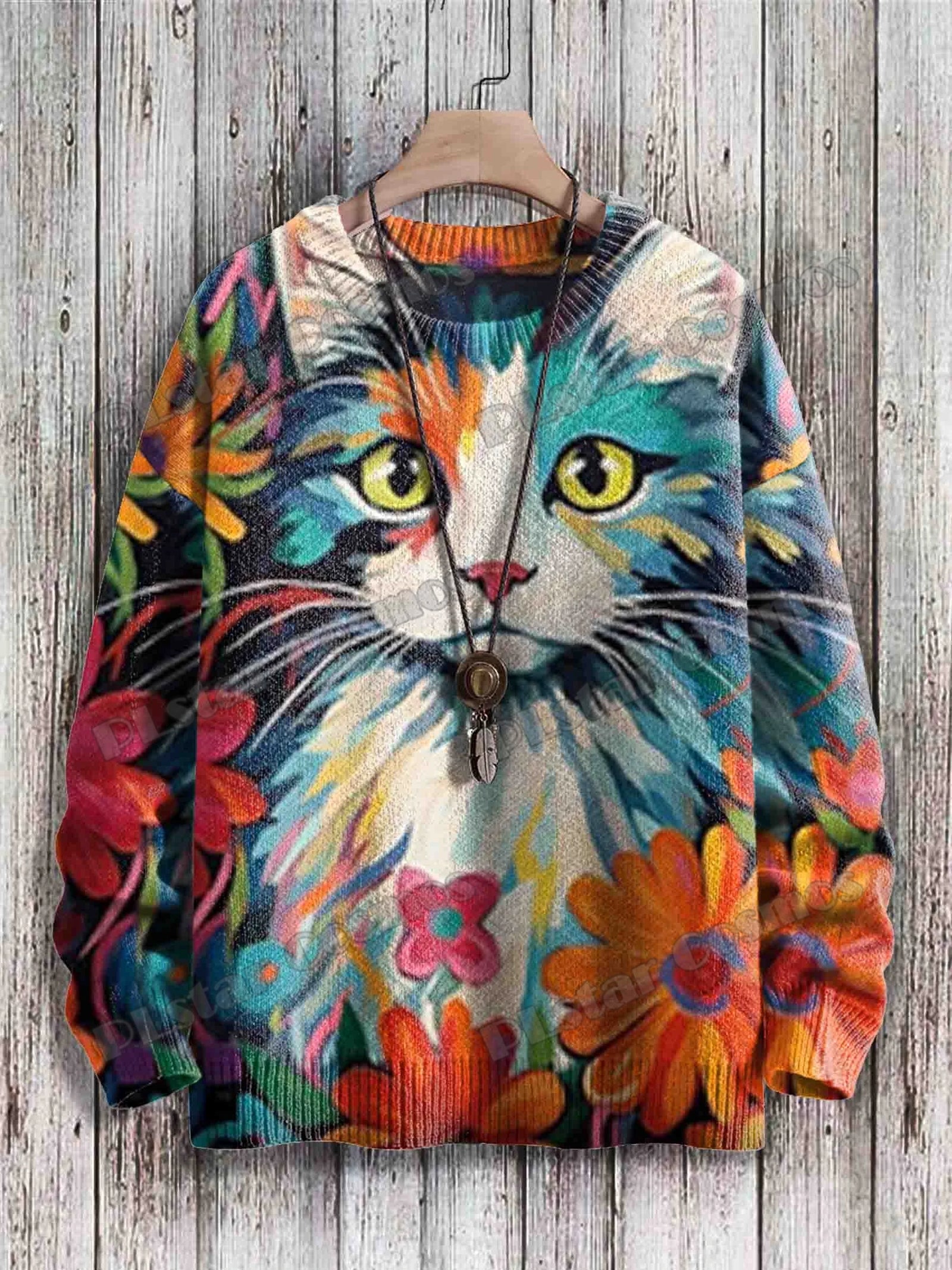 Men's Cat Print Crew Neck Long Sleeve Sweater