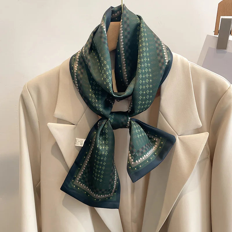 Printed Long Narrow Scarf with Decorative Ribbon Shape
