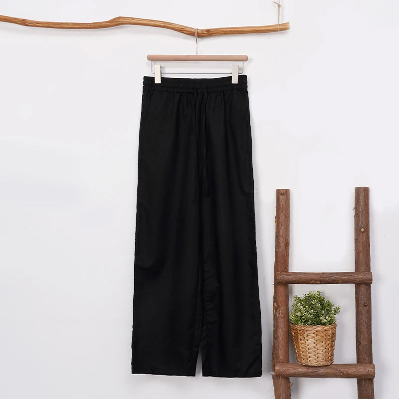 Women's Cotton-Linen Loose Straight-Leg Full-Length Pants with Drawstring Waist and Side Pockets
