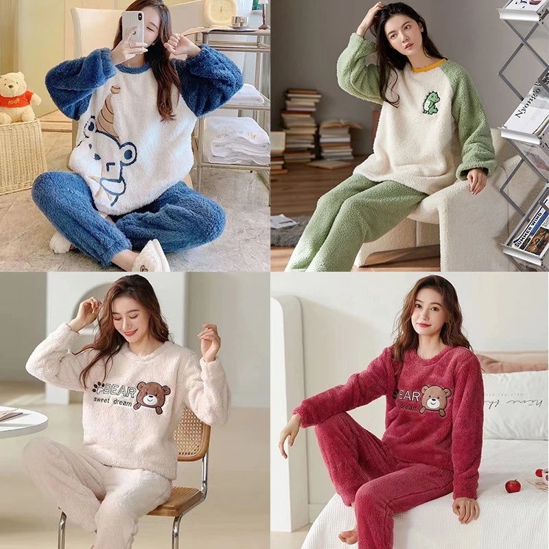 Women's Bear Print Long Sleeve Pajama Set with Top and Pants
