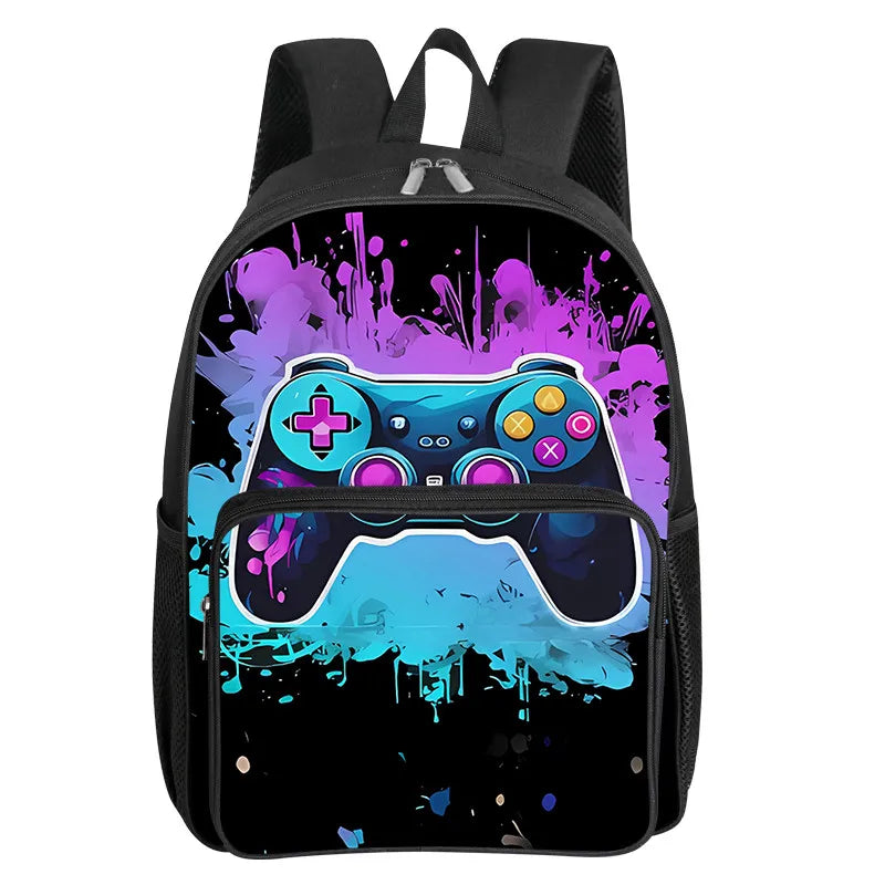 Children's Gamepad Print Backpack with Front Pocket and Twin Shoulder Straps
