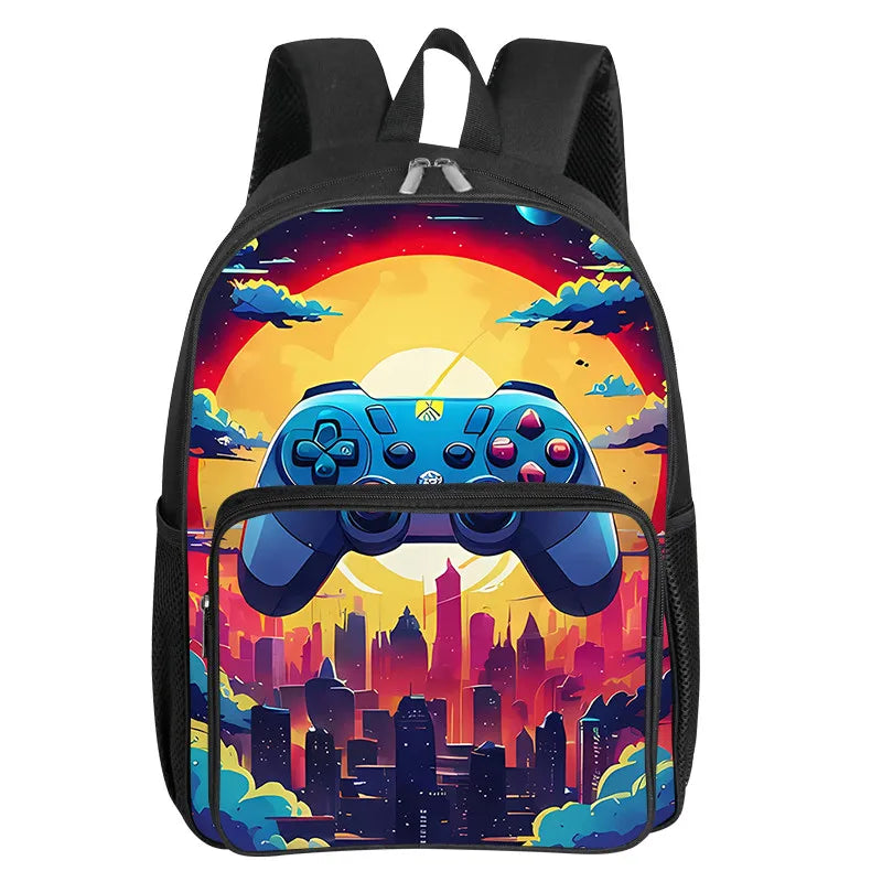 Children's Gamepad Print Backpack with Front Pocket and Twin Shoulder Straps