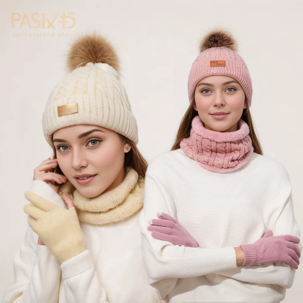 Knitted Hat Scarf and Touchscreen Gloves Set for Outdoor Winter Wear
