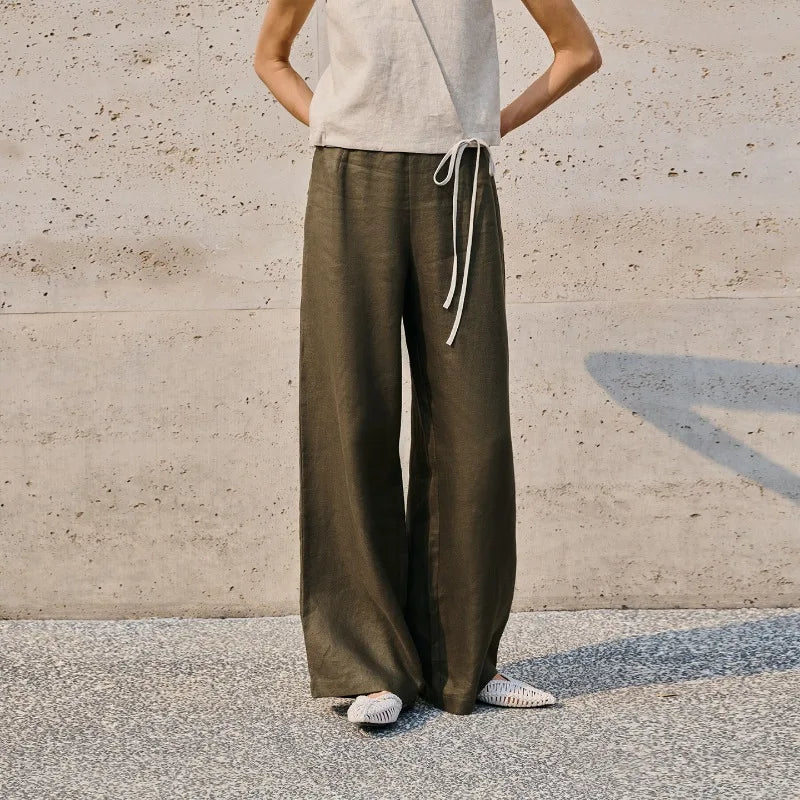 Women's Linen Loose Straight-Leg Pants with Drawstring Waist for Casual Daily Wear