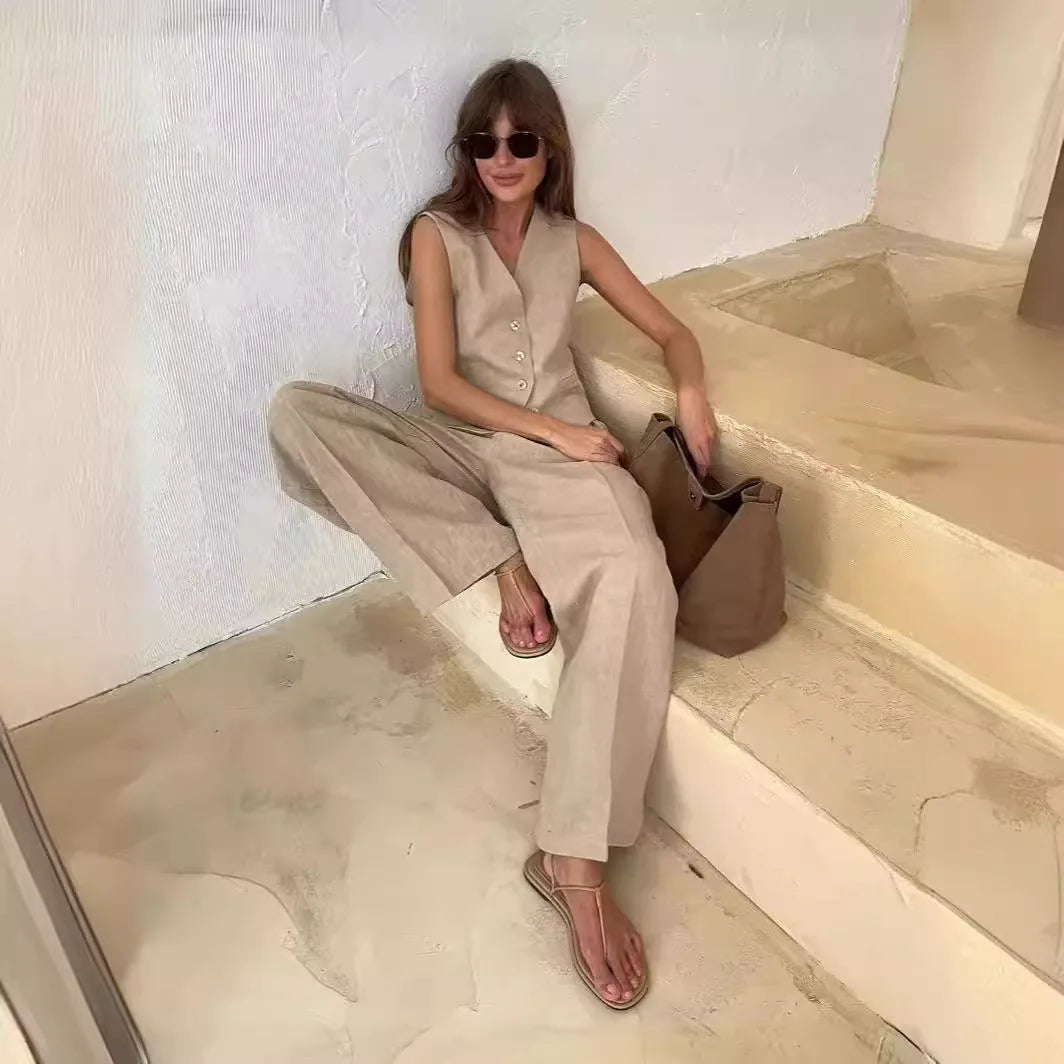 Women's Button Front Vest and Wide Leg Pants Set
