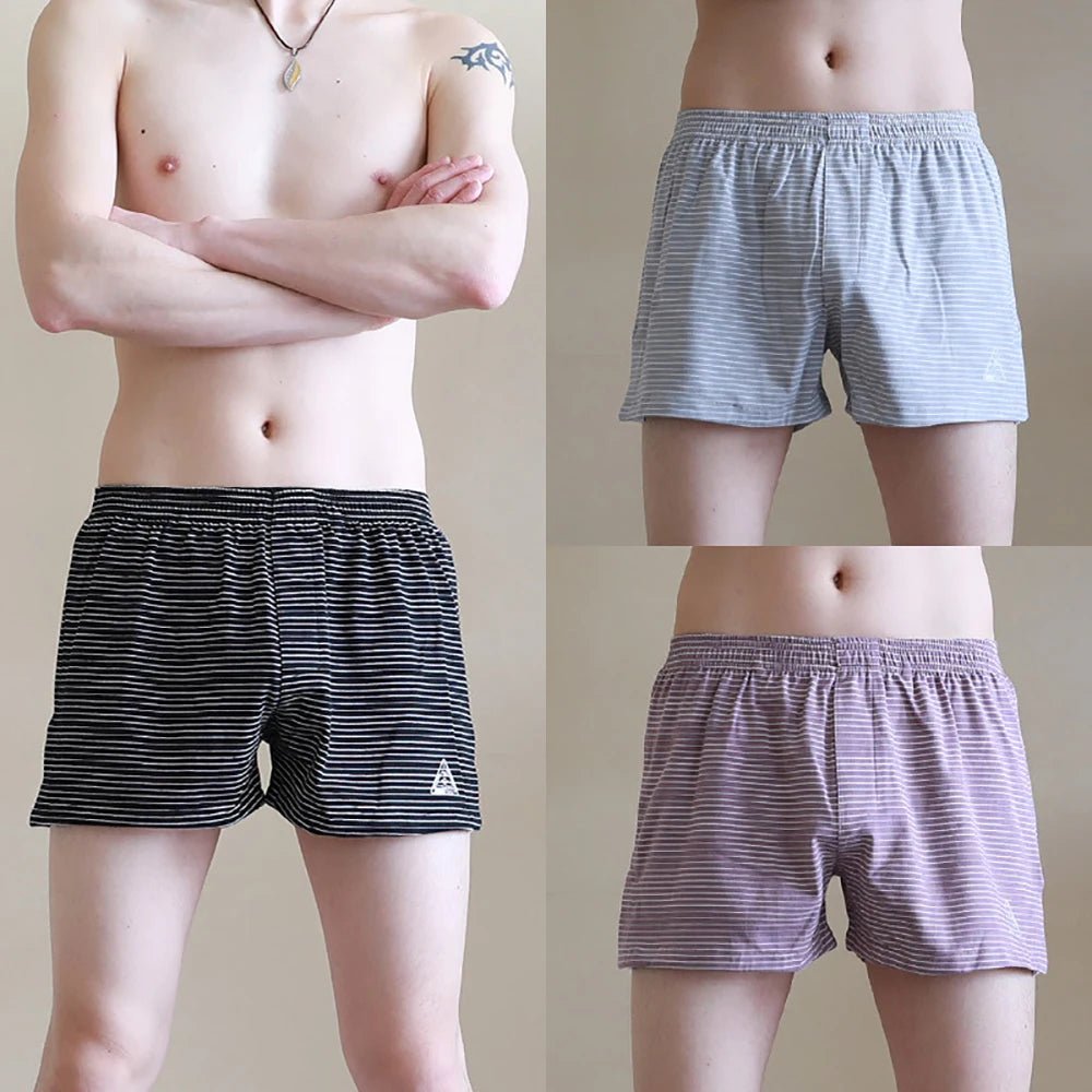 Men's Striped Elastic Waist Boxer Style Sleep Shorts