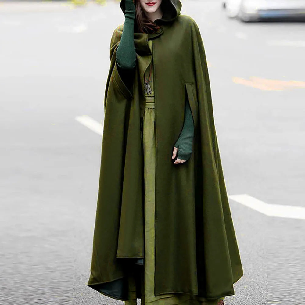Long Hooded Button Front Cape for Layering over Outfits