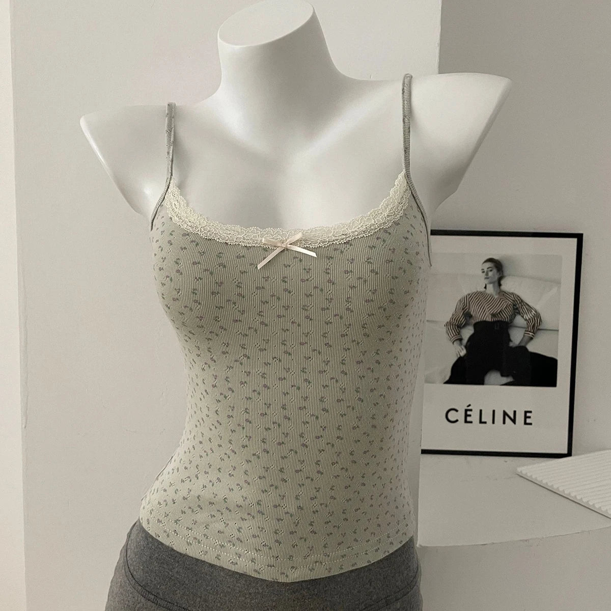 Women's Lace Trim Cotton Camisole with Bow Detail and Multiple Pattern Options