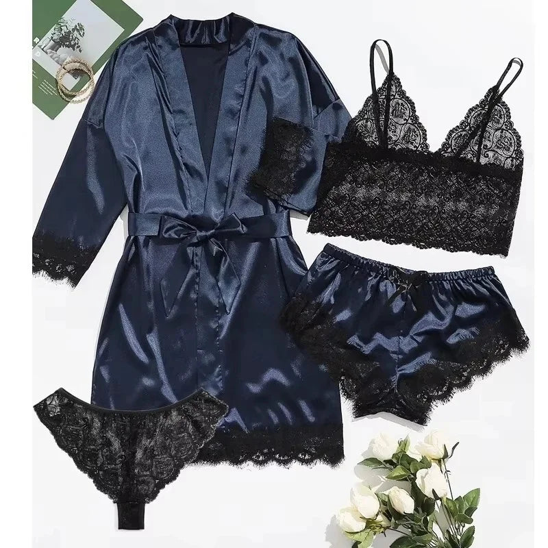 Women's Lace Trim Four Piece Pajama Set with Robe and Shorts
