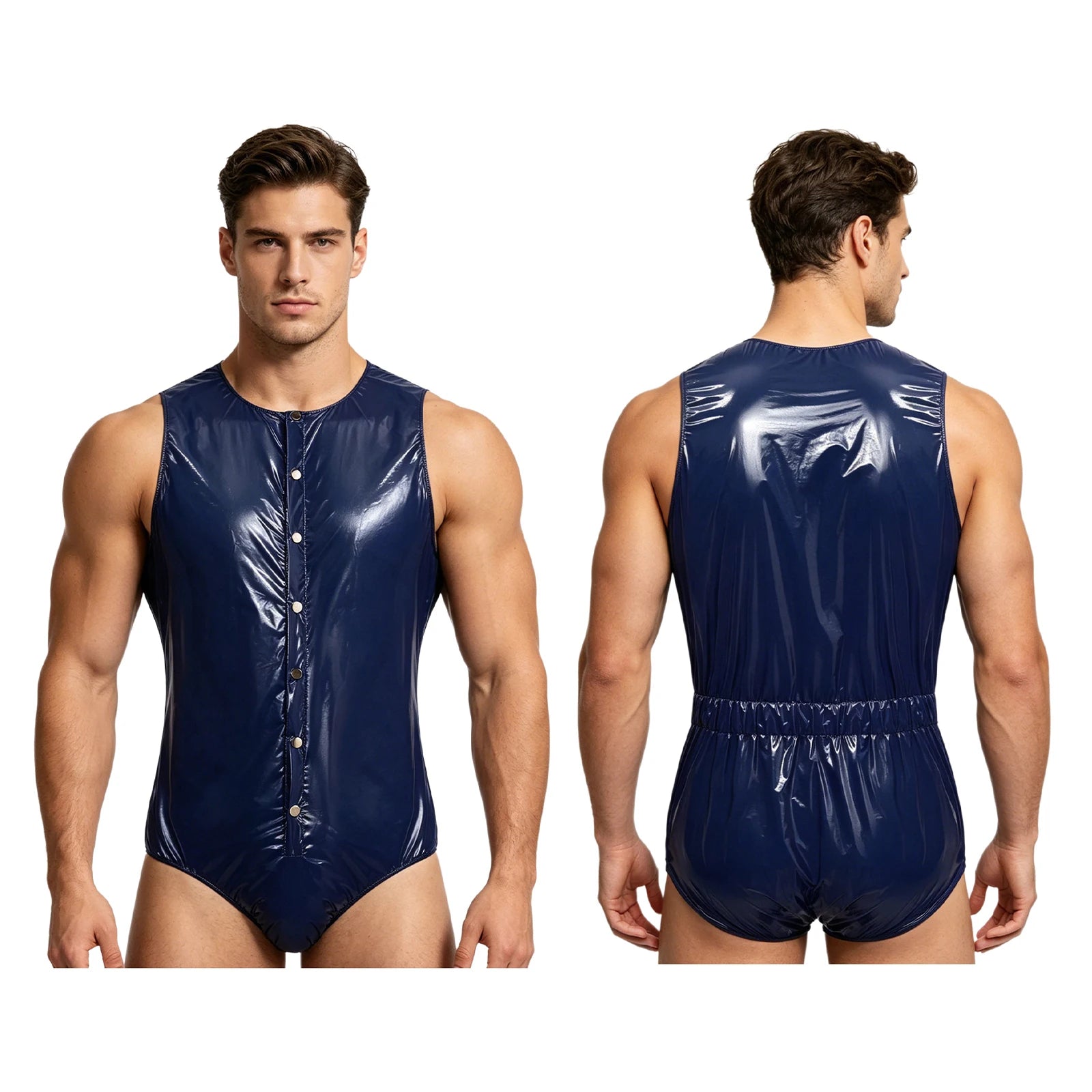 Men's One-Piece Swimsuit with Back Zipper and Crotch Button Details