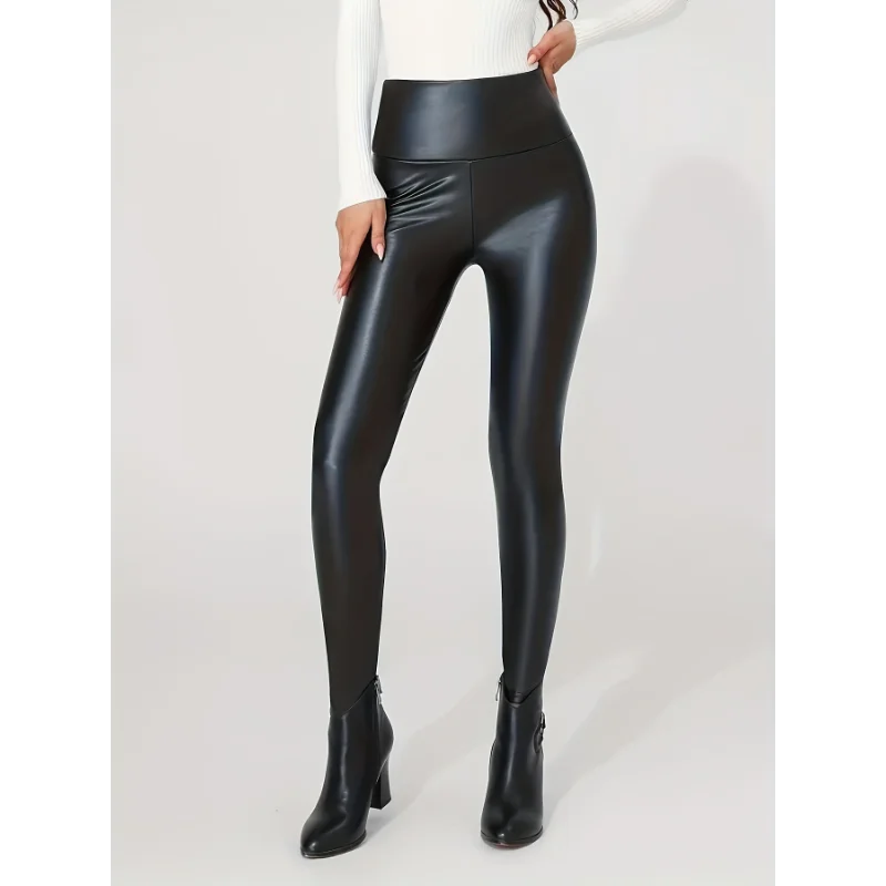Women's Faux Leather Look Full Length Leggings For Workout Outfits