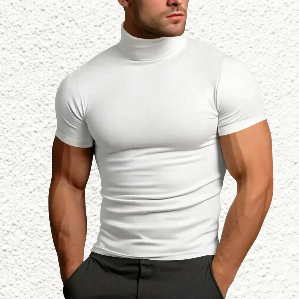 Solid Mock Neck Short Sleeve Fitted Compression T Shirt