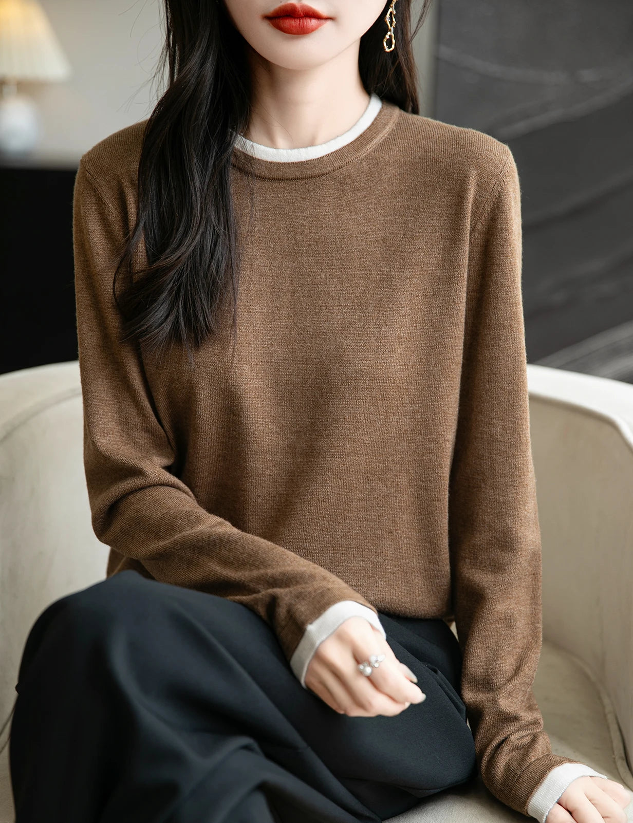 Women's Contrast Trim Crew Neck Sweater Casual Knit Layer