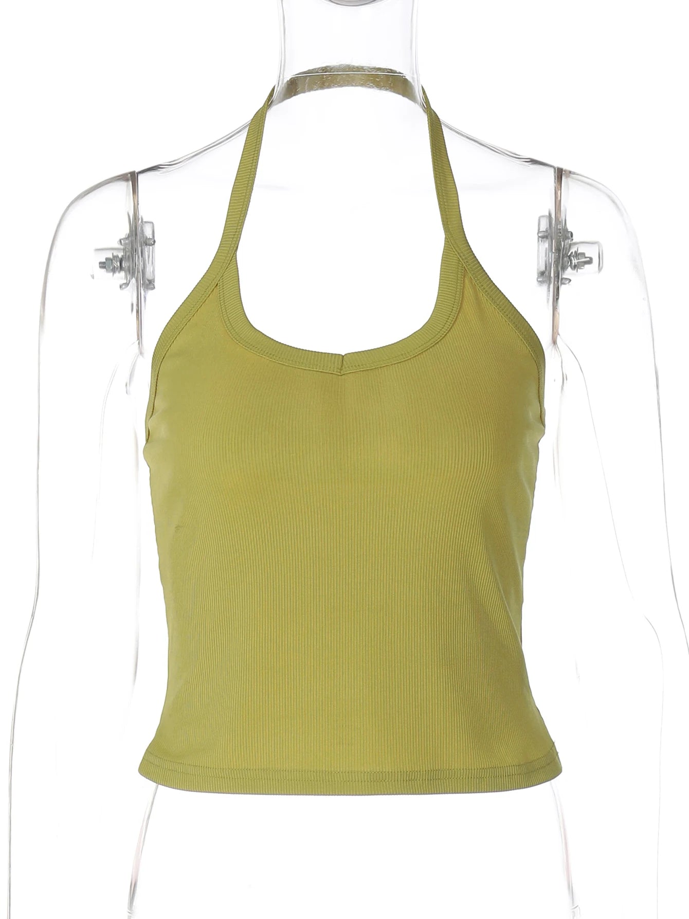 Women's Ribbed Polyester Blend Halter Crop Top with Open Back
