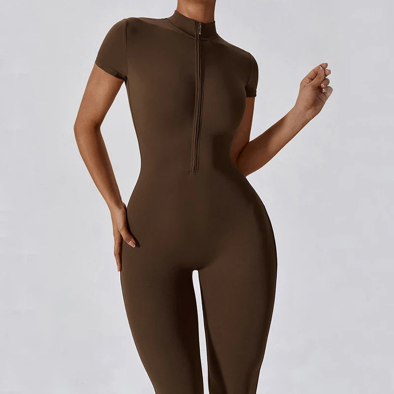 Women's Short Sleeve Nylon Blend Workout Jumpsuit with Collar and Front Zip