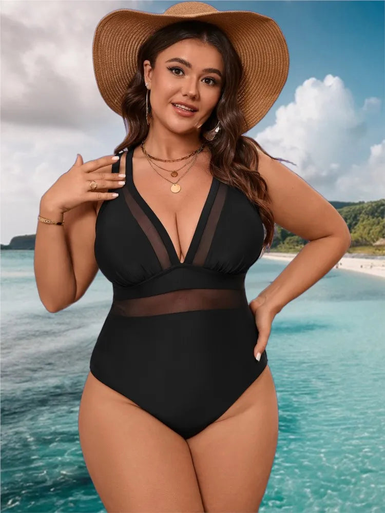 Women's Mesh Waist Strappy Plunge Neck One Piece Swimsuit