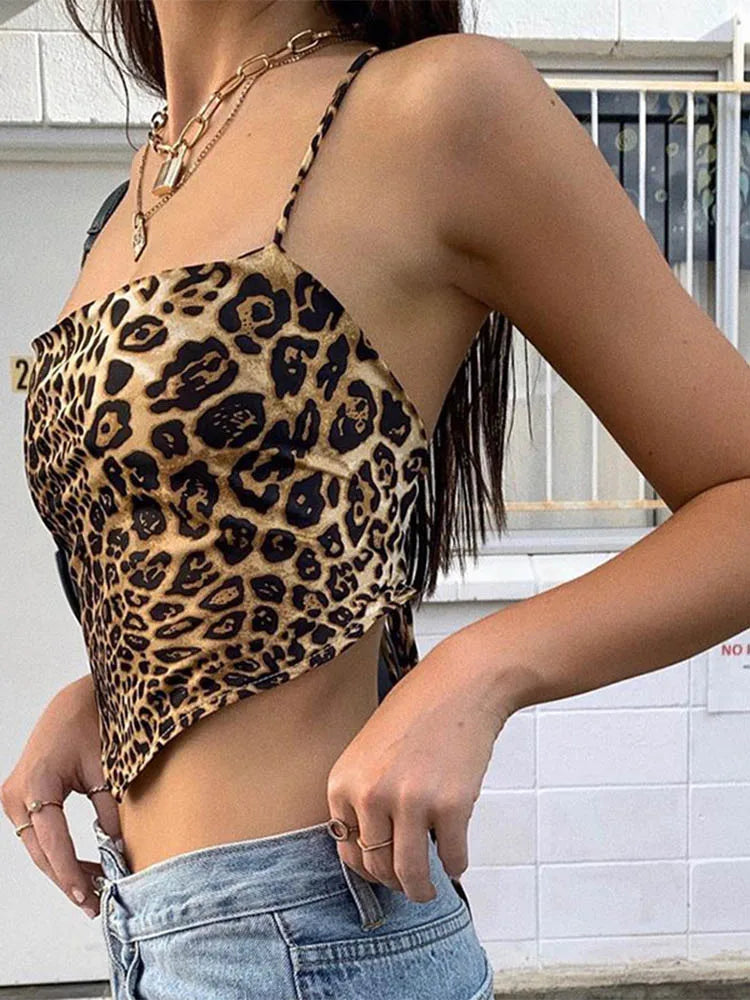 Women's Leopard Print Crop Top with Lace-Up Detailing and Sleeveless Design