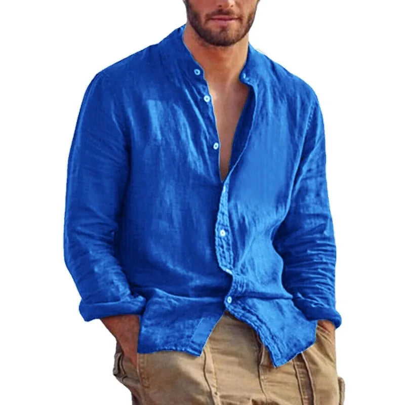 Men's Solid Stand-Collar Long-Sleeve Button-Front Shirt for Casual Everyday Wear and Layering
