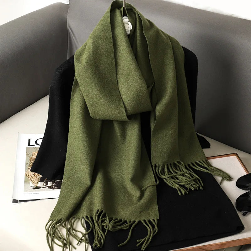Solid Long Rectangular Scarf with Decorative Fringe Trim