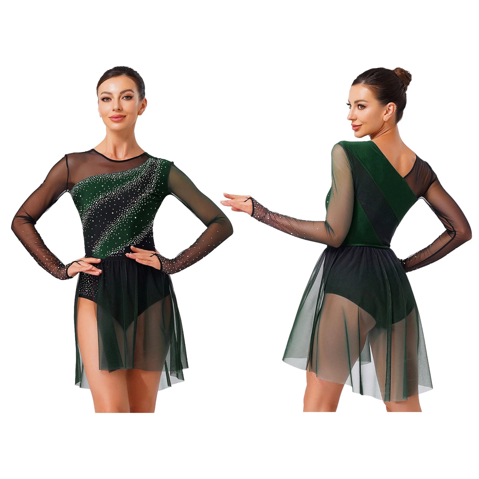 Women's Long Sleeve Mesh Dance Dress with Sequins and Asymmetric Panels