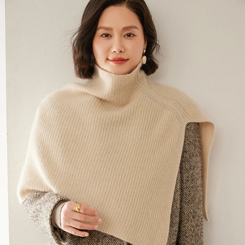 Short Turtleneck Ribbed Poncho for Layering over Outfits