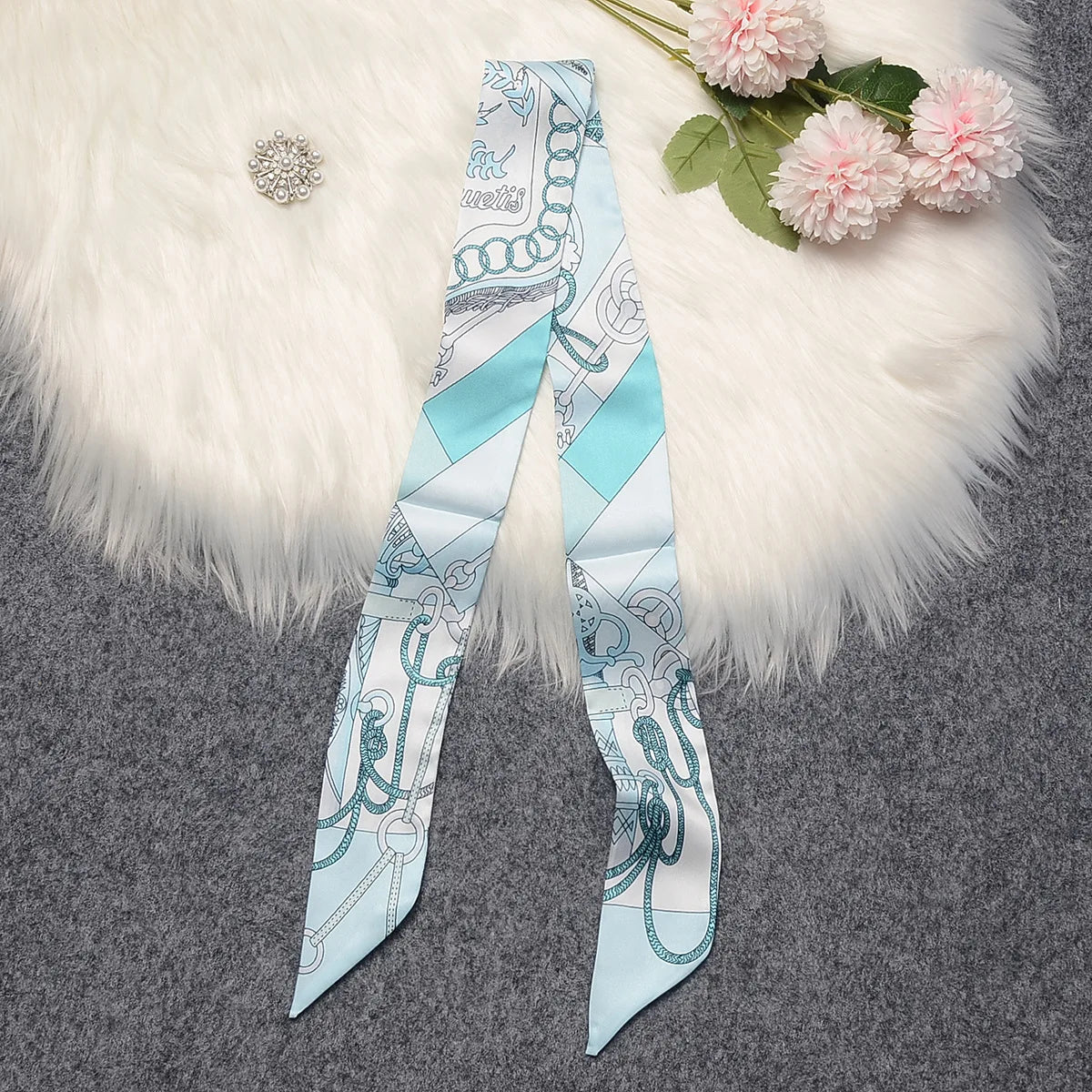 Horse Motif Skinny Ribbon Scarf with Printed Designs
