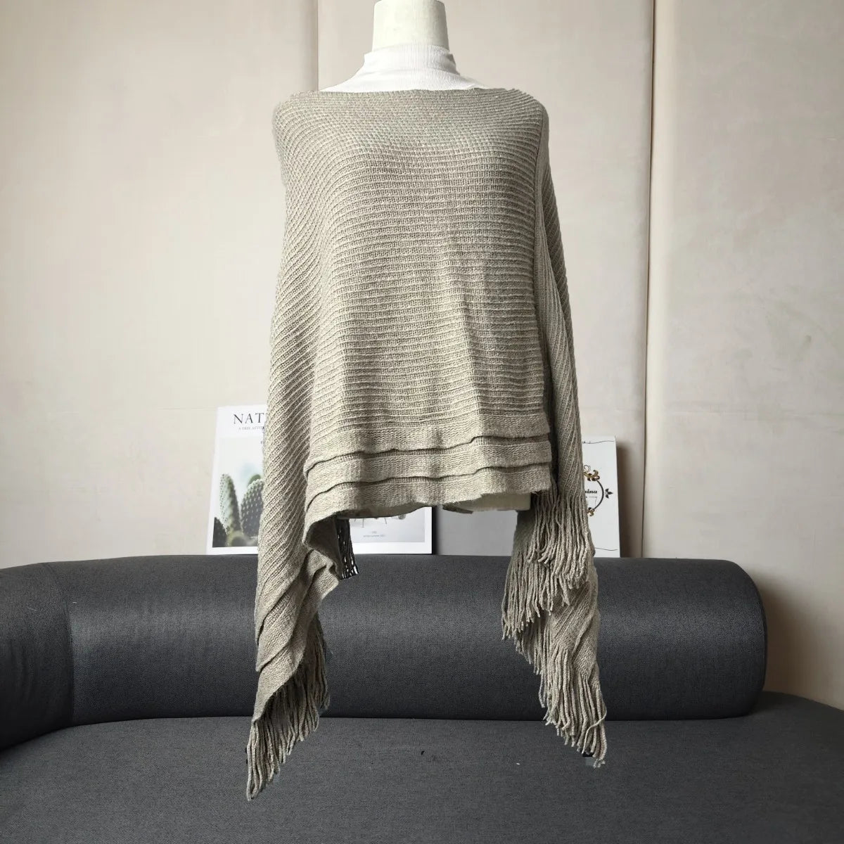 Knit Fringe Hem Poncho for Layering over Outfits