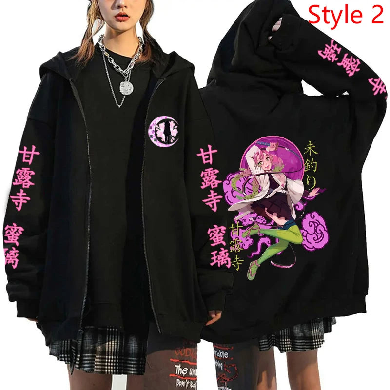 Anime Kanroji Mitsuri Print Hoodie Cartoon Zipper Pullover Long Sleeve Harajuku Sweatshirt