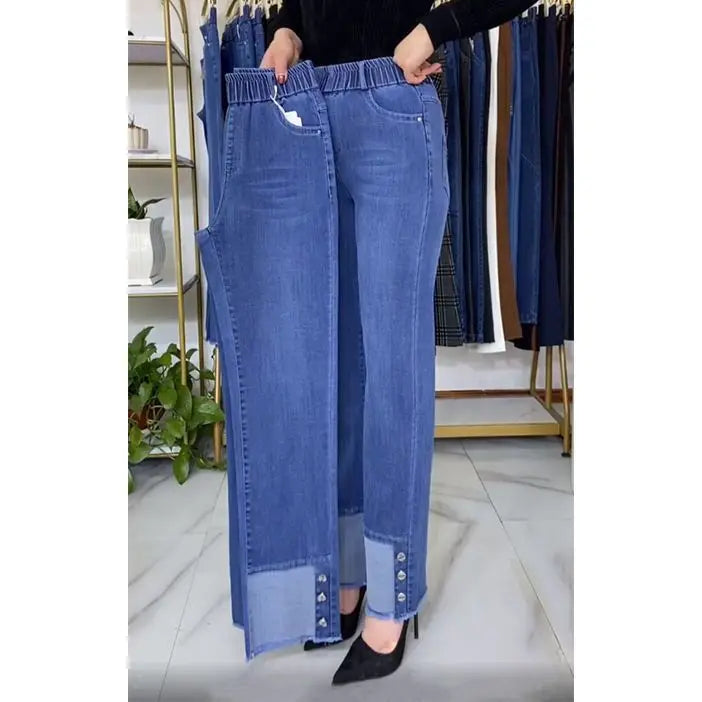 Women's Button Cuff Cropped Straight Leg Denim Jeans