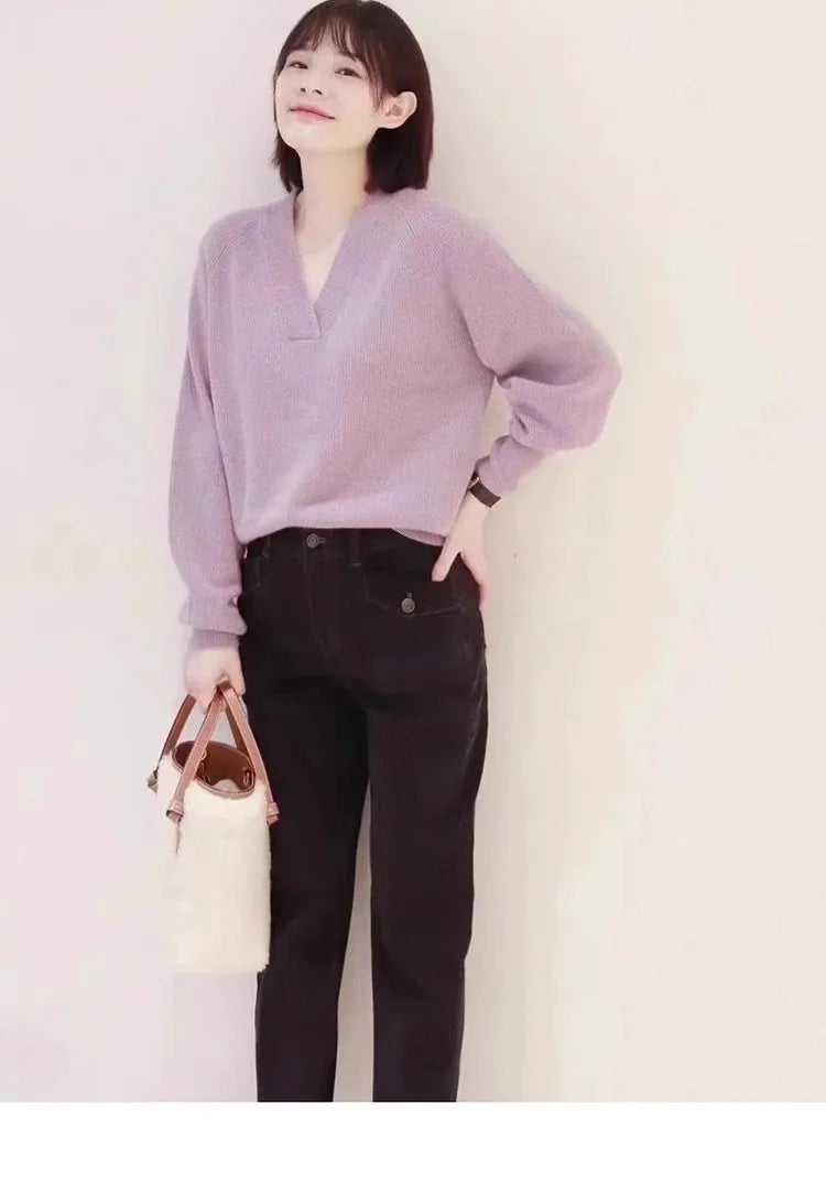 V-neck pure cashmere sweater women autumn and winter loose and versatile knitted sweater short wool base layer