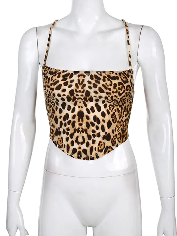 Women's Leopard Print Crop Top with Lace-Up Detailing and Sleeveless Design