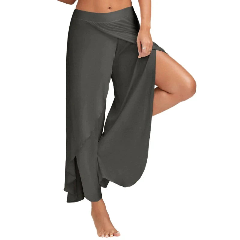 Women's Side Split Polyester Rayon Palazzo Pants with Flowing Wide Legs