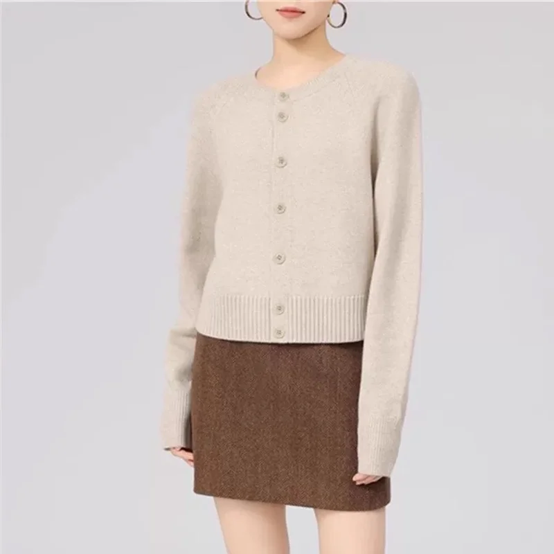 Autumn/Winter round-neck 100% wool knitted sweater cardigan women's coat long-sleeved top