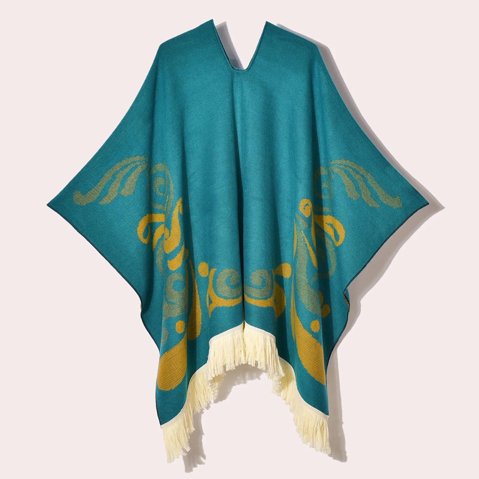 Geometric Pattern Fringe Poncho for Layering over Outfits