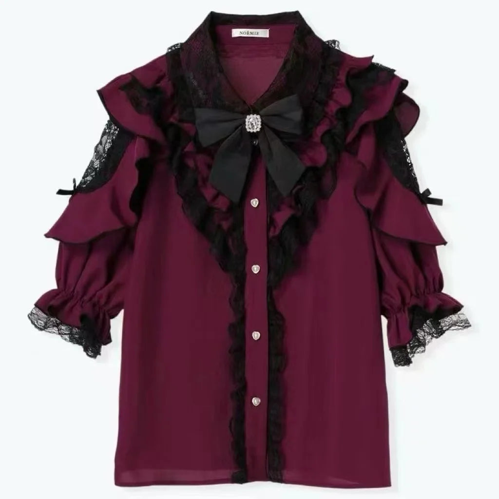 Women's Lace Trim Sailor Collar Short Sleeve Blouse