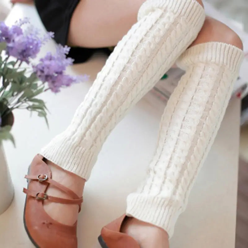 Cable Knit Leg Warmers with Solid Color Calf Shape