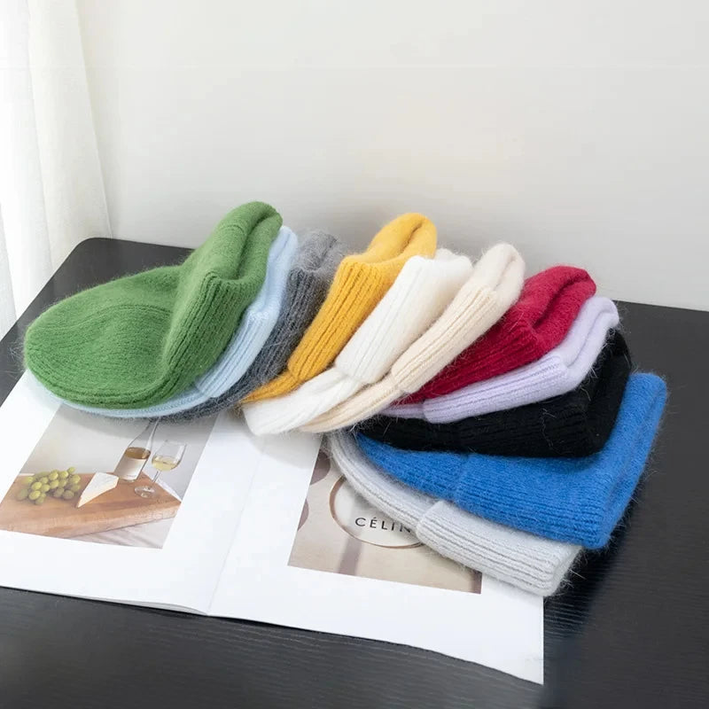 Solid Ribbed Knit Beanie with Folded Cuff Styling