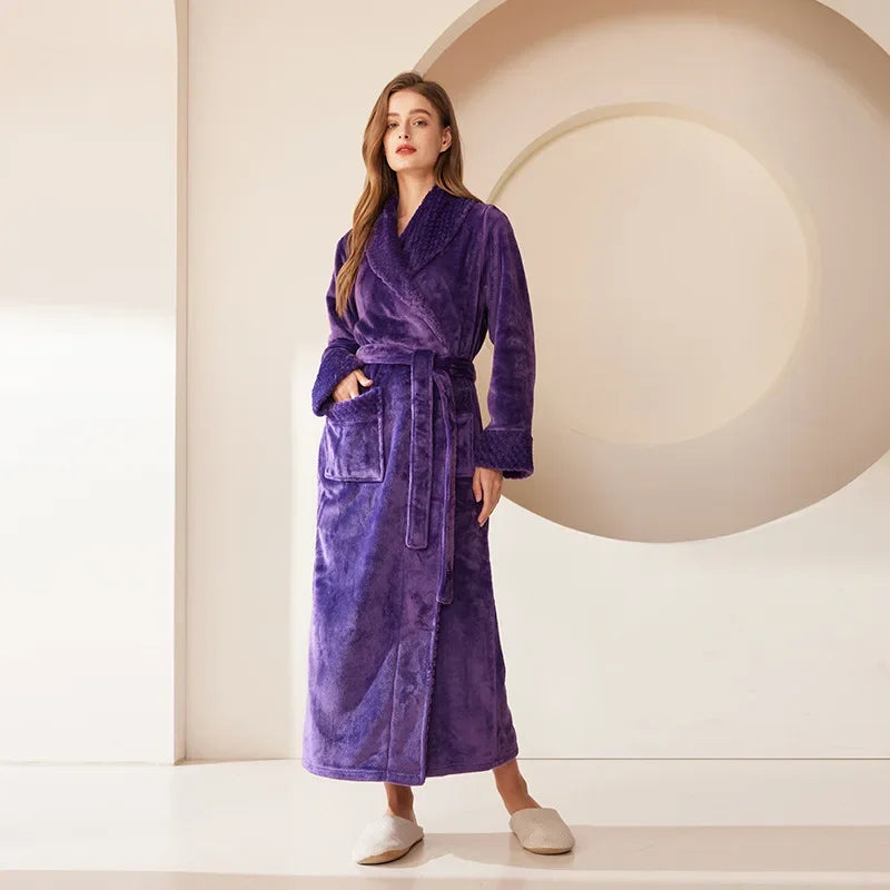 Long Flannel Fleece Tie Waist Bathrobe with Pockets