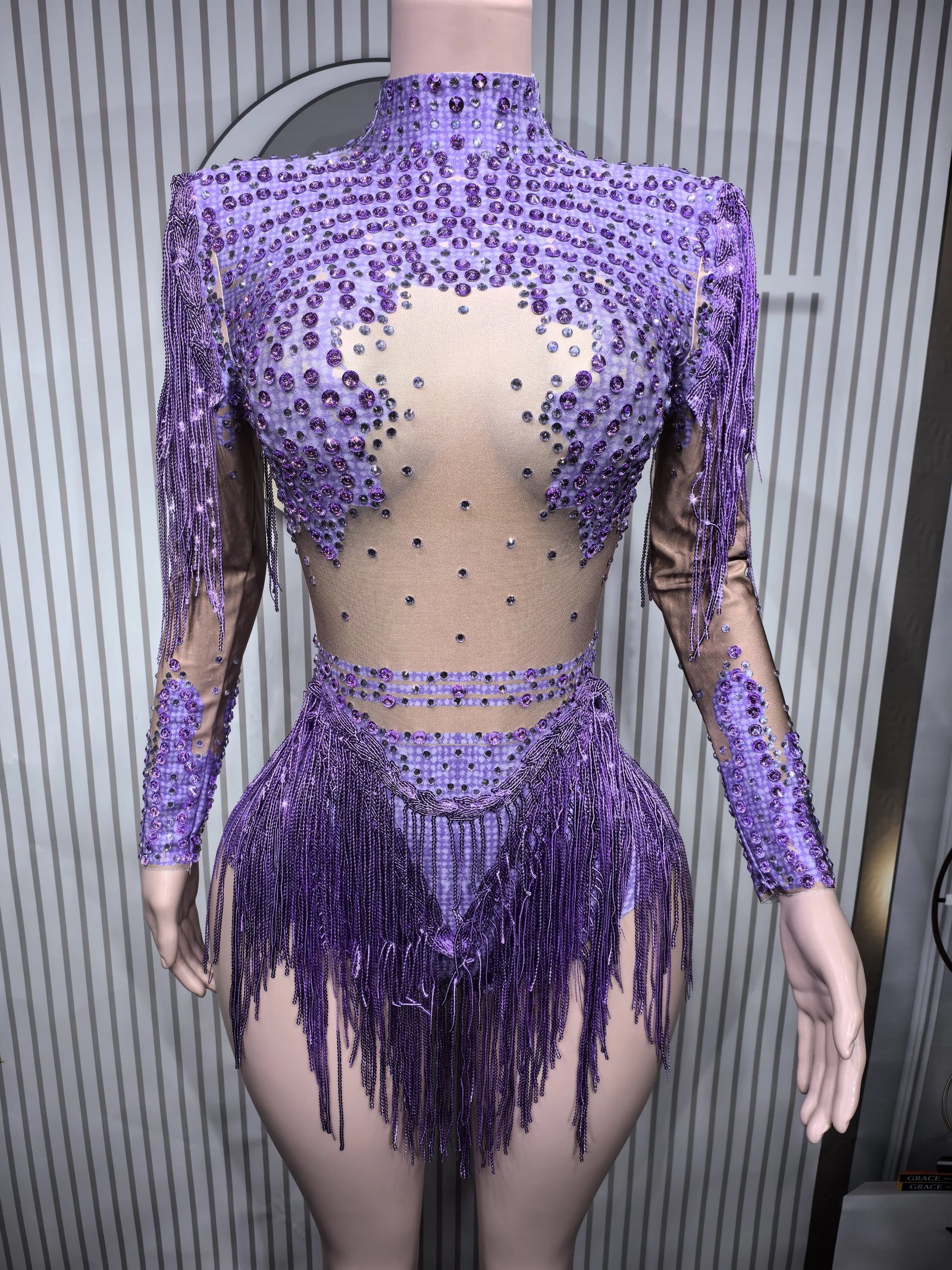 Women's Asymmetric Rhinestone Fringe Dance Bodysuit for Stage Performance Outfits