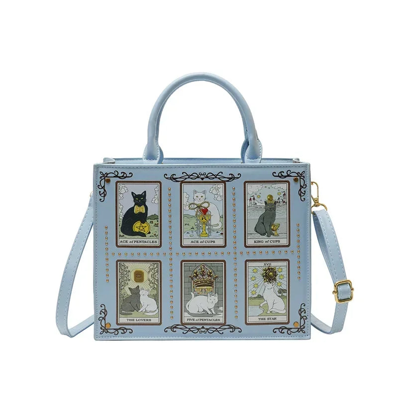 Women's Tarot Cat Print Tote Handbag with Handles and Crossbody Strap