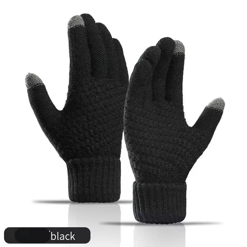 Black Full Finger Knit Gloves with Ribbed Cuffs