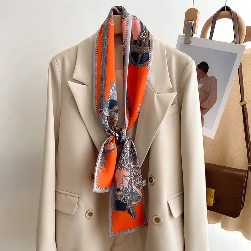 Printed Long Narrow Scarf with Decorative Ribbon Shape