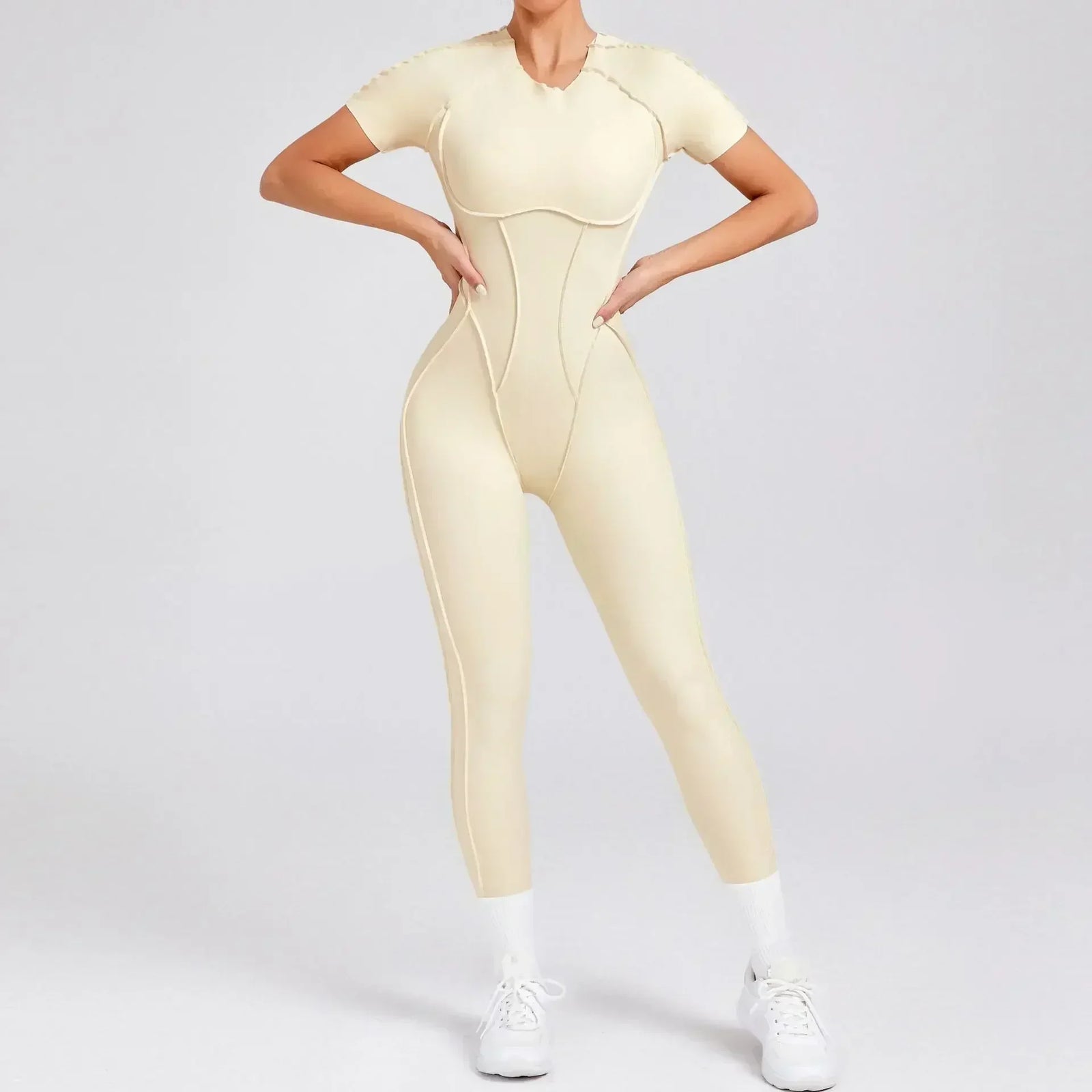 Women's Short Sleeve Nylon Blend Workout Jumpsuit with Open Back