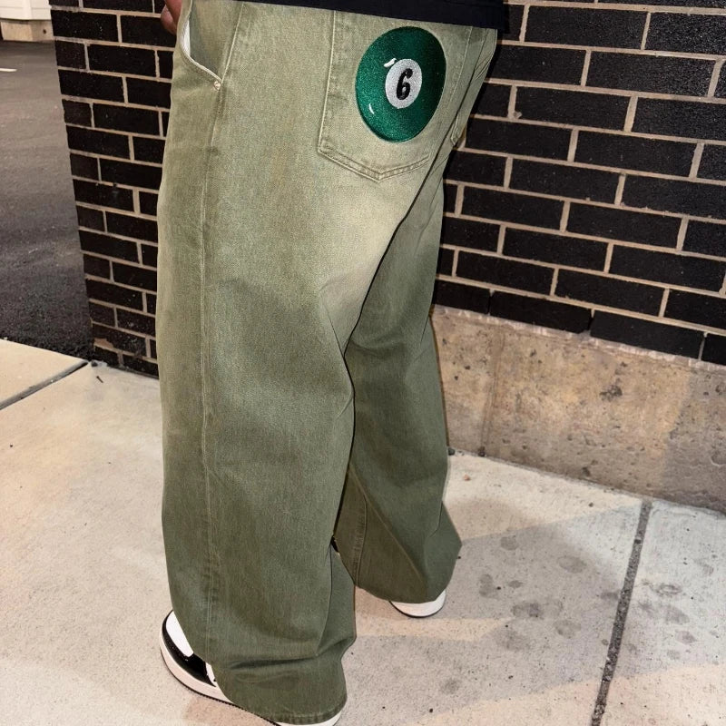 Men's Green Ball Embroidered Wide Leg Denim Jeans for Casual Everyday Wear