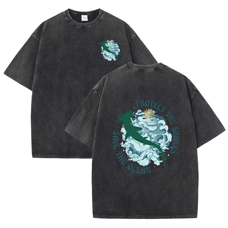 Distressed Vintage Washed Tee Double Print Shark Wave Protect Ocean Letter Loose Fit Short Sleeve T Shirts