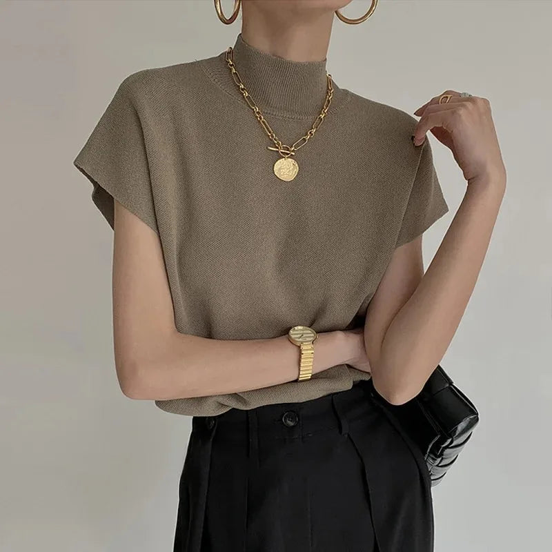 Women's Cap Sleeve Mock Neck Knit Sweater Casual Knit Layer