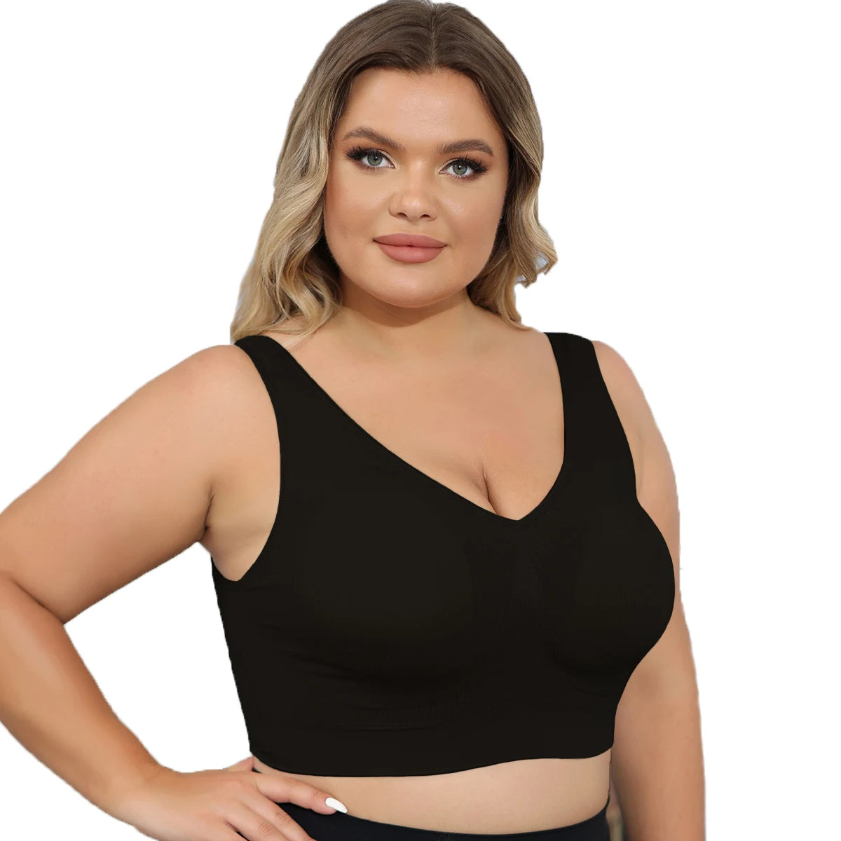 Women's Wide Strap Polyamide Blend Longline Bra with V Neck