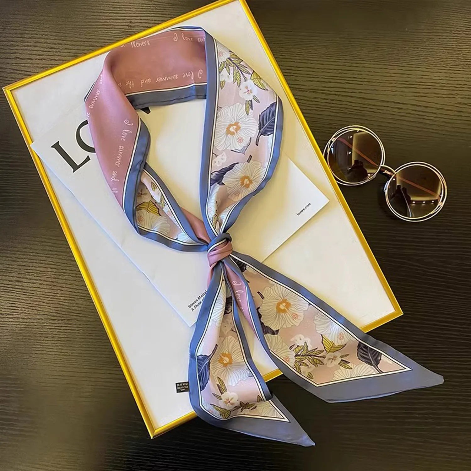 Printed Narrow Long Scarf with Pointed Ribbon Ends