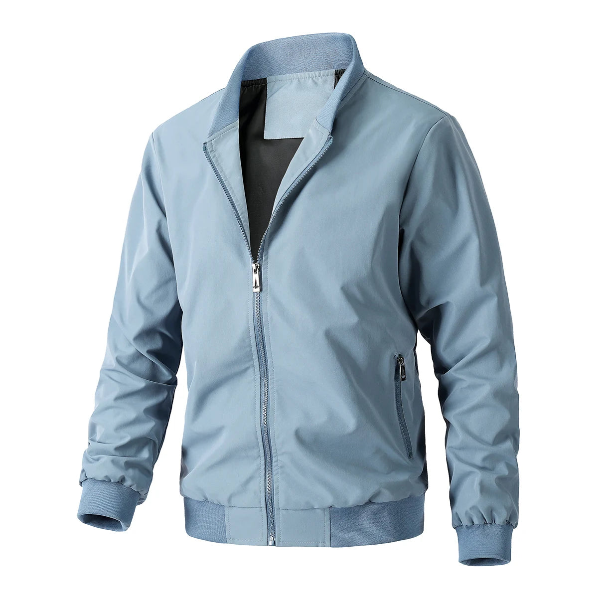 Men's Blue Polyester Long-Sleeve Zip-Front Bomber Jacket for Casual Everyday Layered Outfits