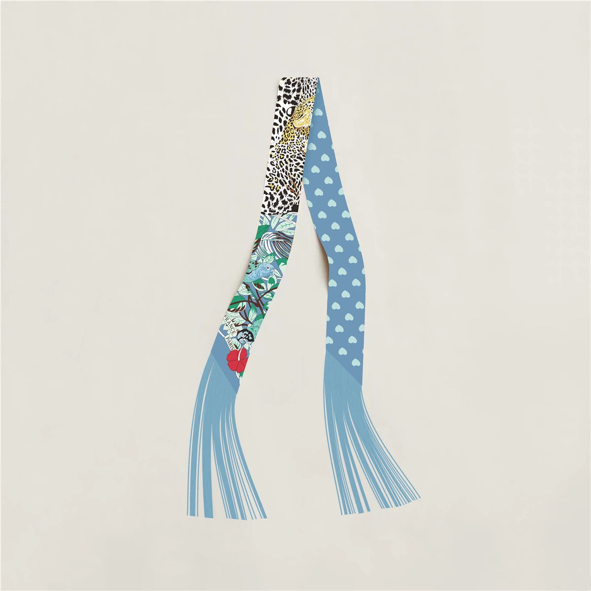 Printed Narrow Ribbon Scarf with Decorative Fringed Ends